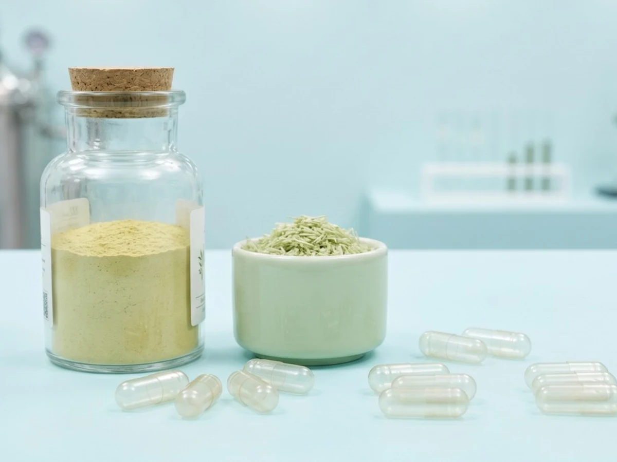 Clear empty capsules, botanical powder and powder samples on a laboratory bench, showing moisture and packaging factors for empty capsule shells.
